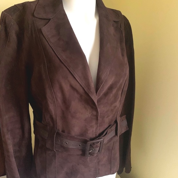 DESA cocoa brown real Suede Leather Blazer jacket suede belt snap closure US L - Picture 2 of 16